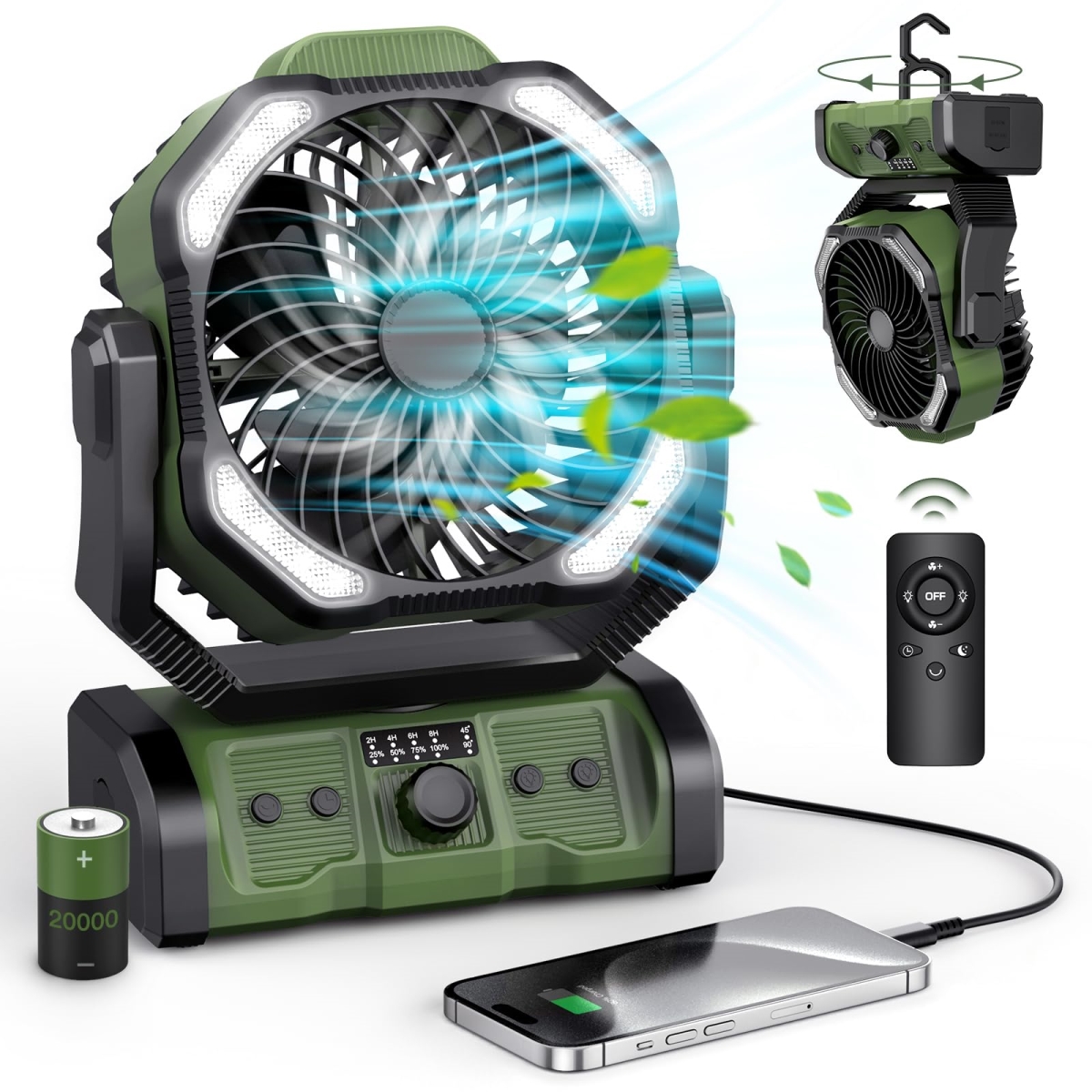 tek  20000mAh Cordless Battery Powered Rechargeable & Portable Camping Fan with Remote Auto Oscillating USB C Table Operated Ventilador & LED Lantern