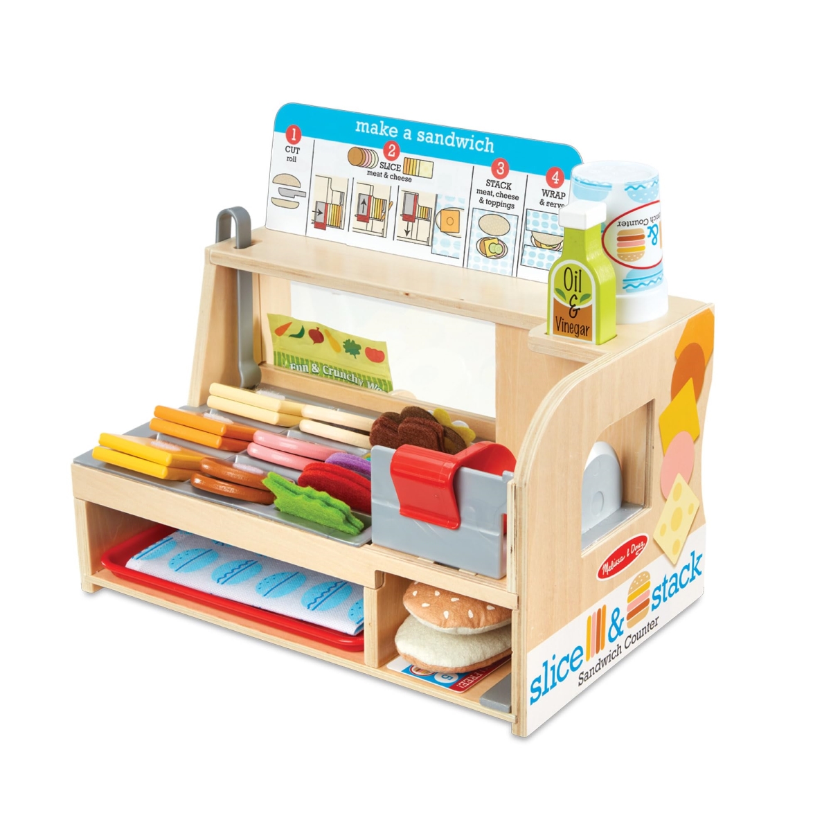 tek NT78262 Melissa & Doug Wooden Slice & Stack Sandwich Counter with Deli Slicer, Pretend Play Food Set for Kids - 56 Piece