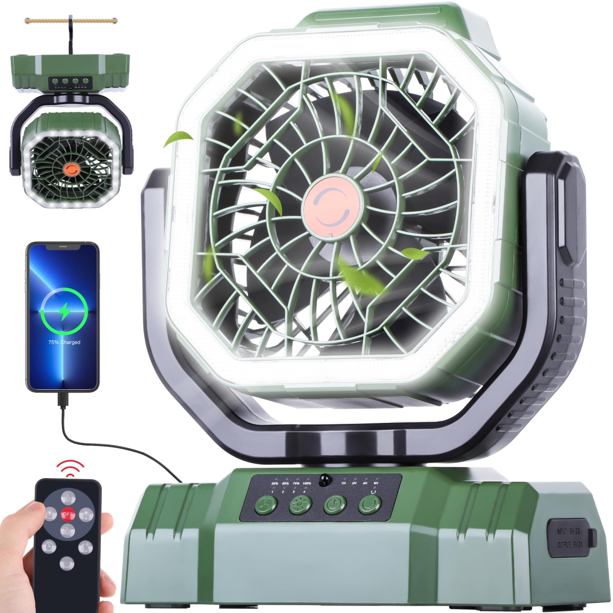 tek NT78472 AVV 20000mAh High Speed Portable Auto Oscillating Rechargeable Battery Powered Camping Fan with Remote Control, Green