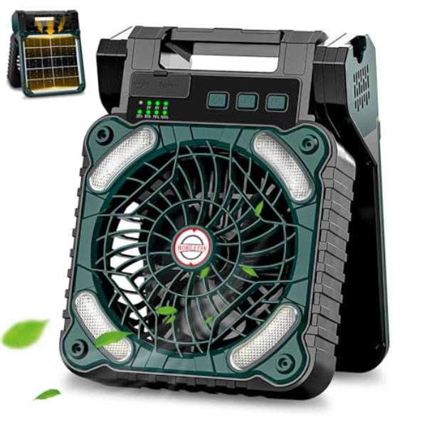 tek NT79275 Sendowtek 10400mAh Rechargeable Portable Small USB Battery Powered Camping Fan with Solar Panel, Timer & LED Light