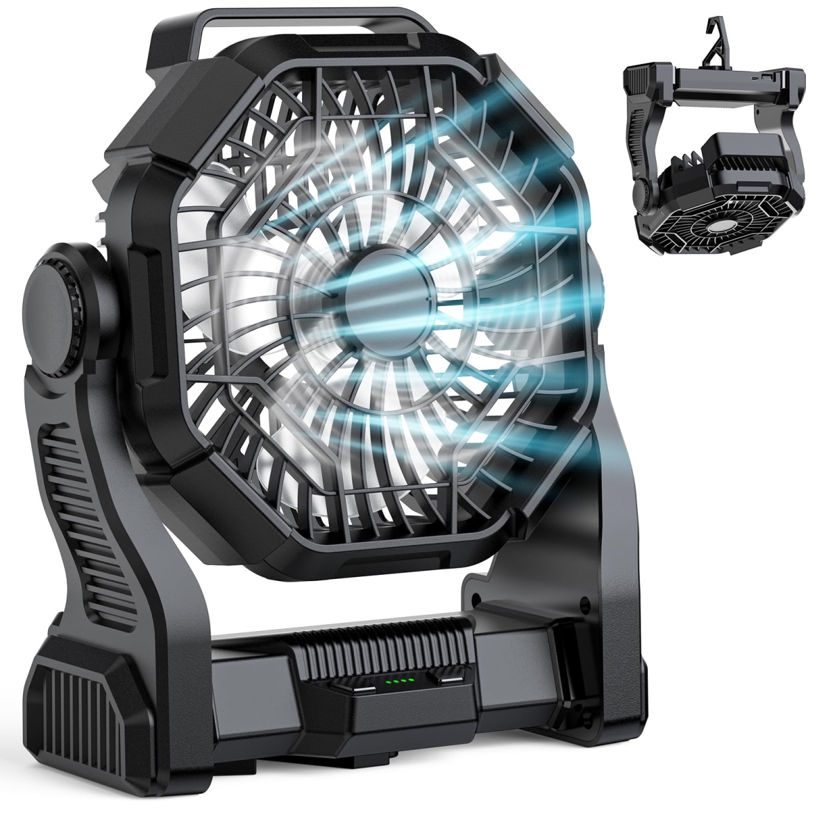 tek NT73863 10 in. Real 10000mAh Battery Powered Rechargeable & Portable Camping Fan with LED Light & Hook for Tent - Black
