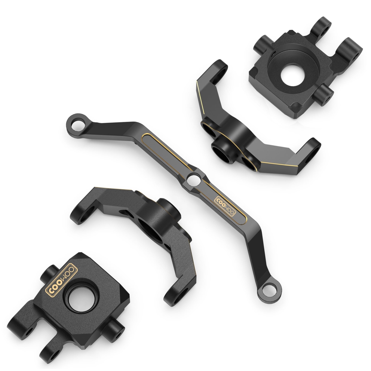 Picture of tek NT73872 COOWOO RC Upgrade Parts Set for 1-18 Scale TRX-4M RC Crawler Cars&#44; Includes Steering Knuckles&#44; Caster Blocks & Steering Link&#44; Made of Brass&#44; Black Coated