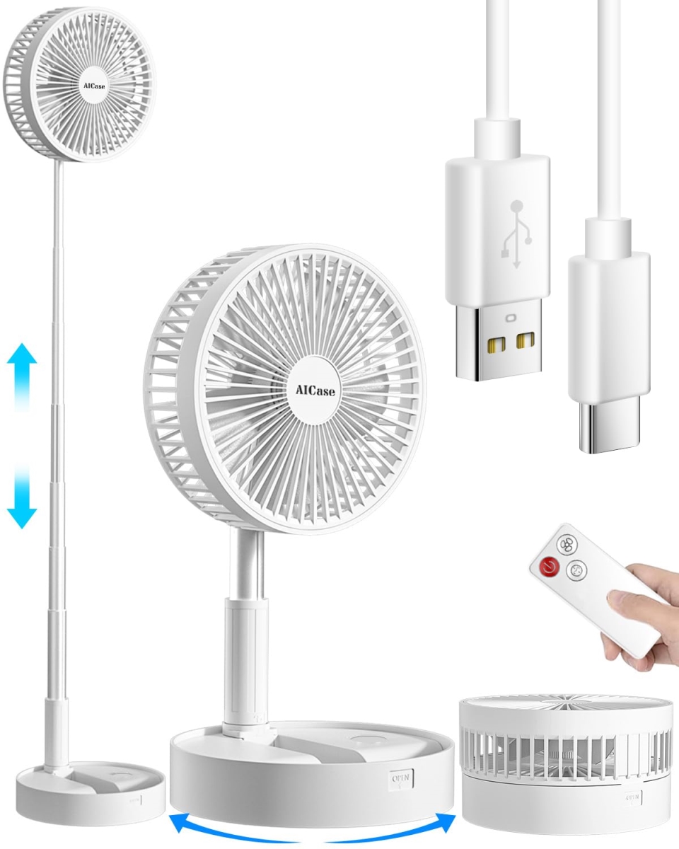 tek NT74666 AI Case Super Quiet Adjustable Height & Head Portable Telescopic Floor & USB Desk Fan with 7200mAh Rechargeable Battery, 4 Speeds