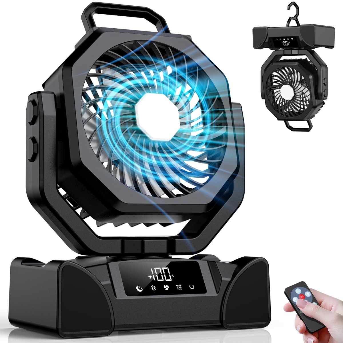 tek NT74709 3-in-1 20000mAh Strong 5 Speed Cordless Battery Powered Rechargeable Portable Camping Fan with LED Light & Display Screen, Black