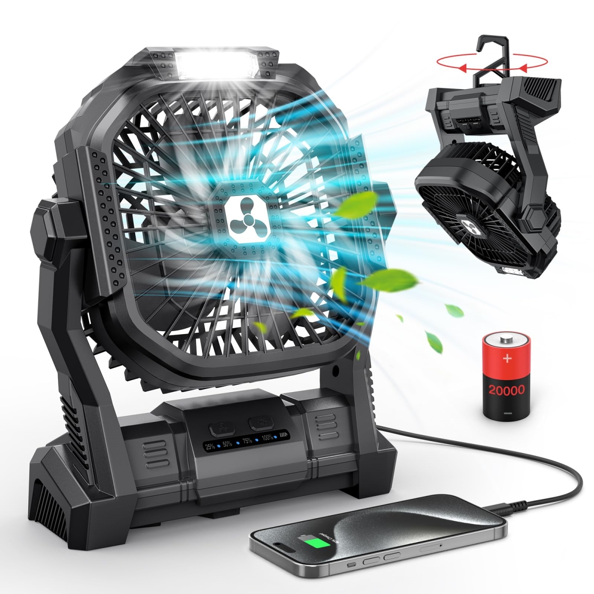 tek NT75114 20000mAh Cordless USB C Battery Operated Portable Rechargeable Camping Fan with LED Lantern for Travel & Home