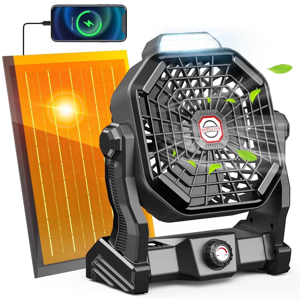 tek NT75226 8 in. 10800mAh 7W Solar Powered Battery Operated Rechargeable Camping Fan & LED Lantern