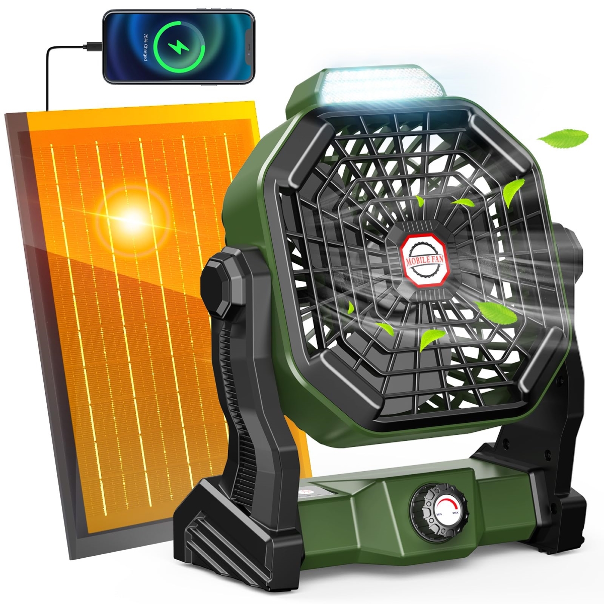 tek NT75228 10800mAh 7W Solar Powered Battery Operated Rechargeable Camping Fan & LED Lantern