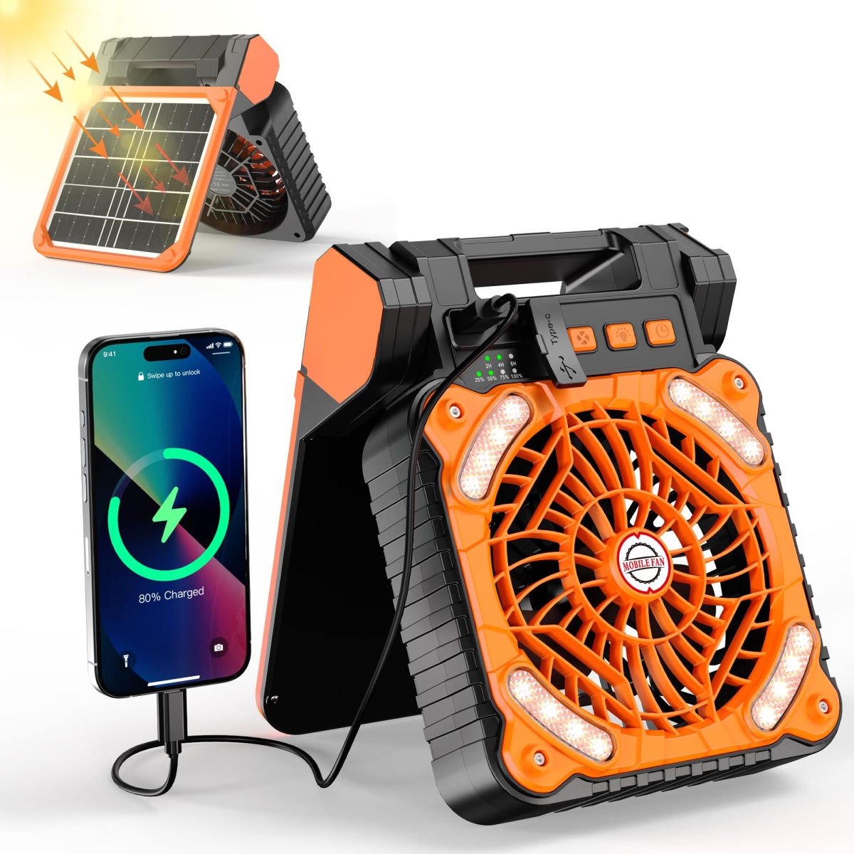 tek  KITWLEMEN Solar Rechargeable Battery Operated Camping Fan with Lantern, 18H Run Time Max, 4 Speeds, 90 deg Adjustable & 8H Timer