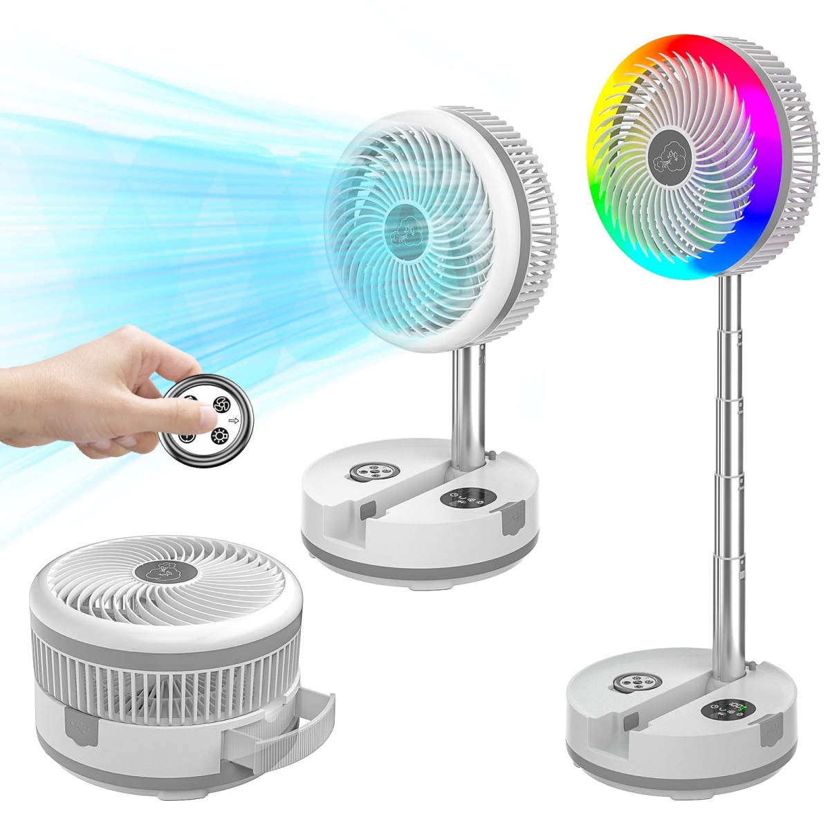 tek  Neofeel Portable 40000mAh Rechargeable Battery Operated Oscillating Pedestal Floor Fan with RGB Lighting, Remote & Timer for Camping - White