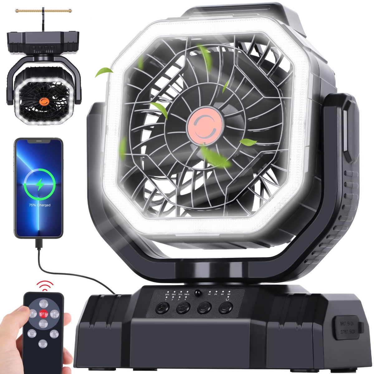 tek NT76720 AVV 20000mAh High Speed Portable Auto Oscillating Rechargeable Battery Powered Camping Fan with Remote Control, Black