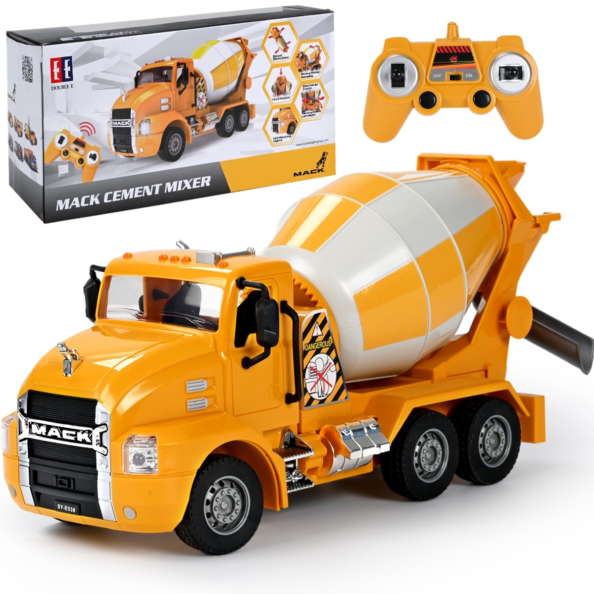 tek NT77473 Double E Mack Licensed Rechargeable 360 deg Stirring RC Cement Mixer Toy Truck with Lights for Boys Aged 6-10 Plus Year