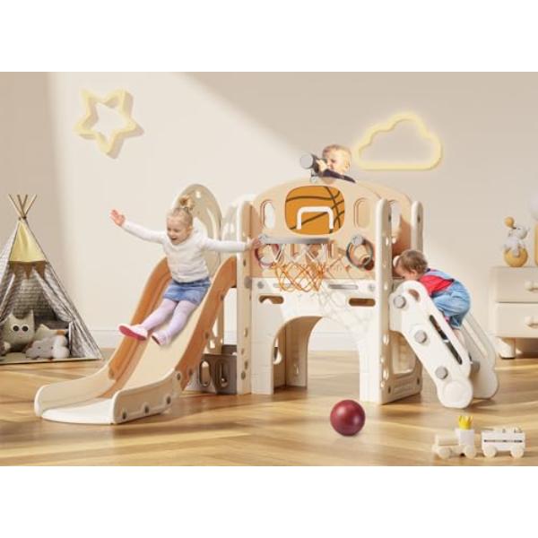 Picture of tek NT77526 BIERUM 9-in-1 Baby Slide with Ring Toss&#44; Basketball Hoop & Telescope&#44; Indoor Outdoor Playground Playset for Toddlers Age 1-3&#44; Beige & Coffee