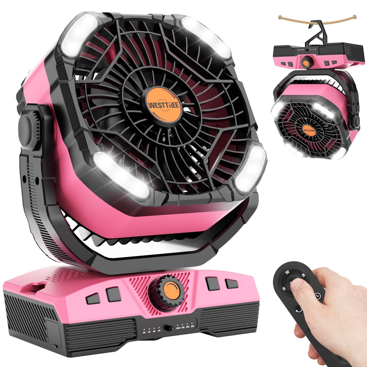 tek NT78050 20000mAh Battery Powered Oscillating Portable Rechargeable Camping Fan with Light, Hook, 270 deg Pivot, Pink