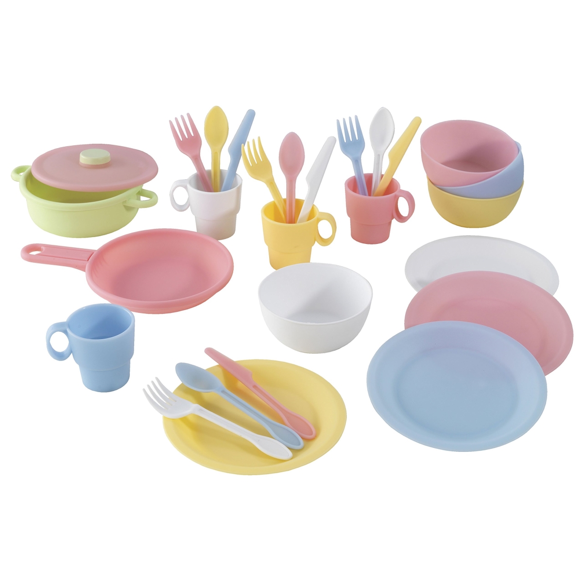 tek NT78644 KidKraft Pastel Cookware Set with Plastic Dishes & Utensils for Play Kitchens, Gift for Kids Ages 18 Months & Up - 27 Piece