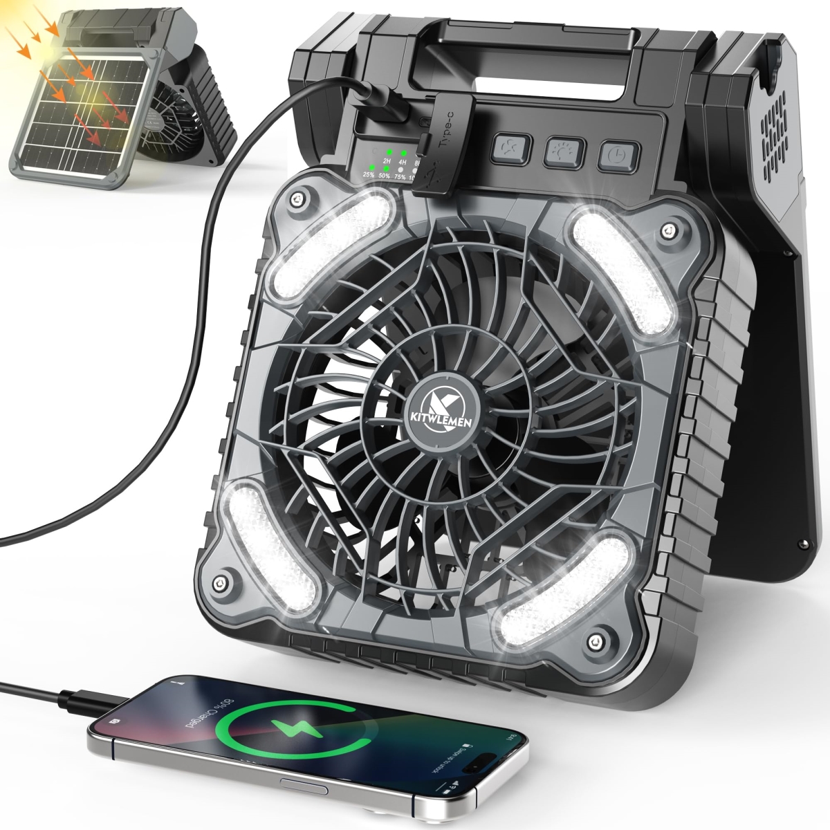 tek NT79004 KITWLEMEN Rechargeable Battery Powered Solar 90 deg Folding Camping Fan with Light, 4 Speeds & Timer for Outdoor
