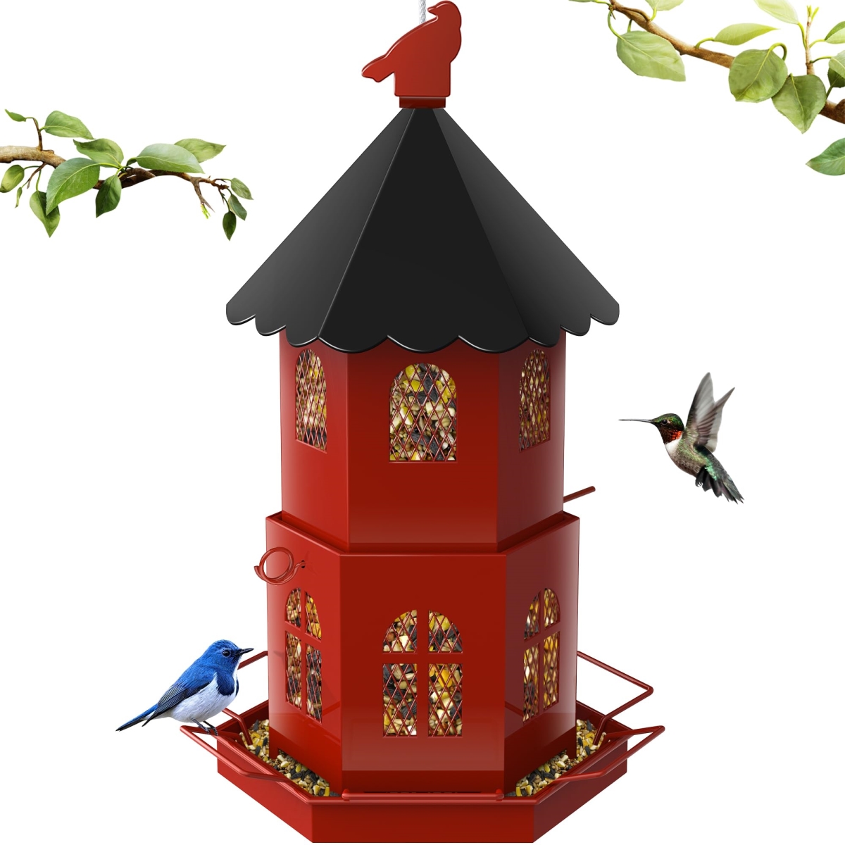 tek  Squirrel Proof Large Capacity Metal Bird Feeder for Outdoors, Outside Hanging for Cardinals Finch Blue Jay Sparrows & Wild Birds, Red
