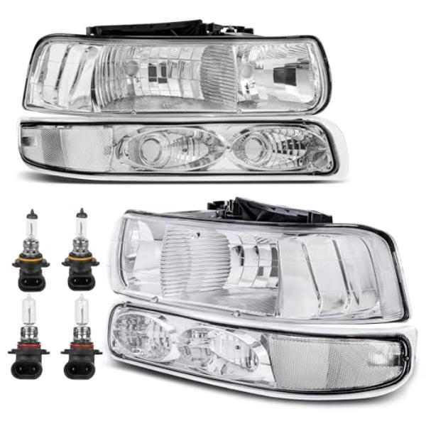 tek  Headlight Assembly Front Lamp with Bulb for 1999-2002 Chevrolet Silverado 1500 & 2500, 2000-2006 Suburban 1500 & 2500 Tahoe - Chrome & Clear