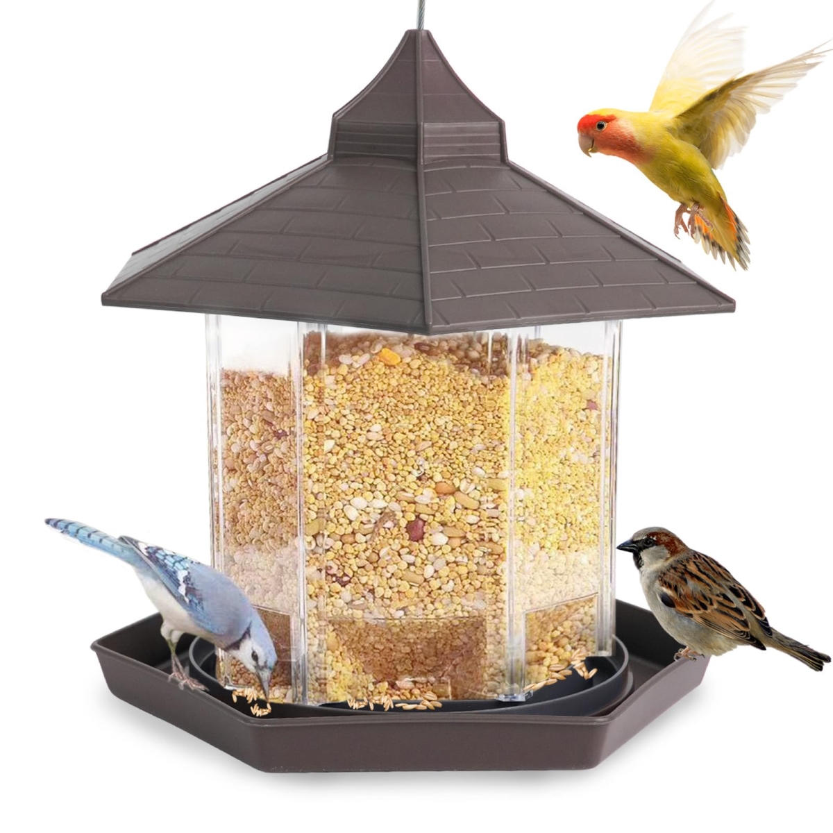 tek NT79489 Squirrel Proof Large Wild Retractable Bird Feeders for Outside, Outdoors Hanging, Large Seed Capacity - Brown