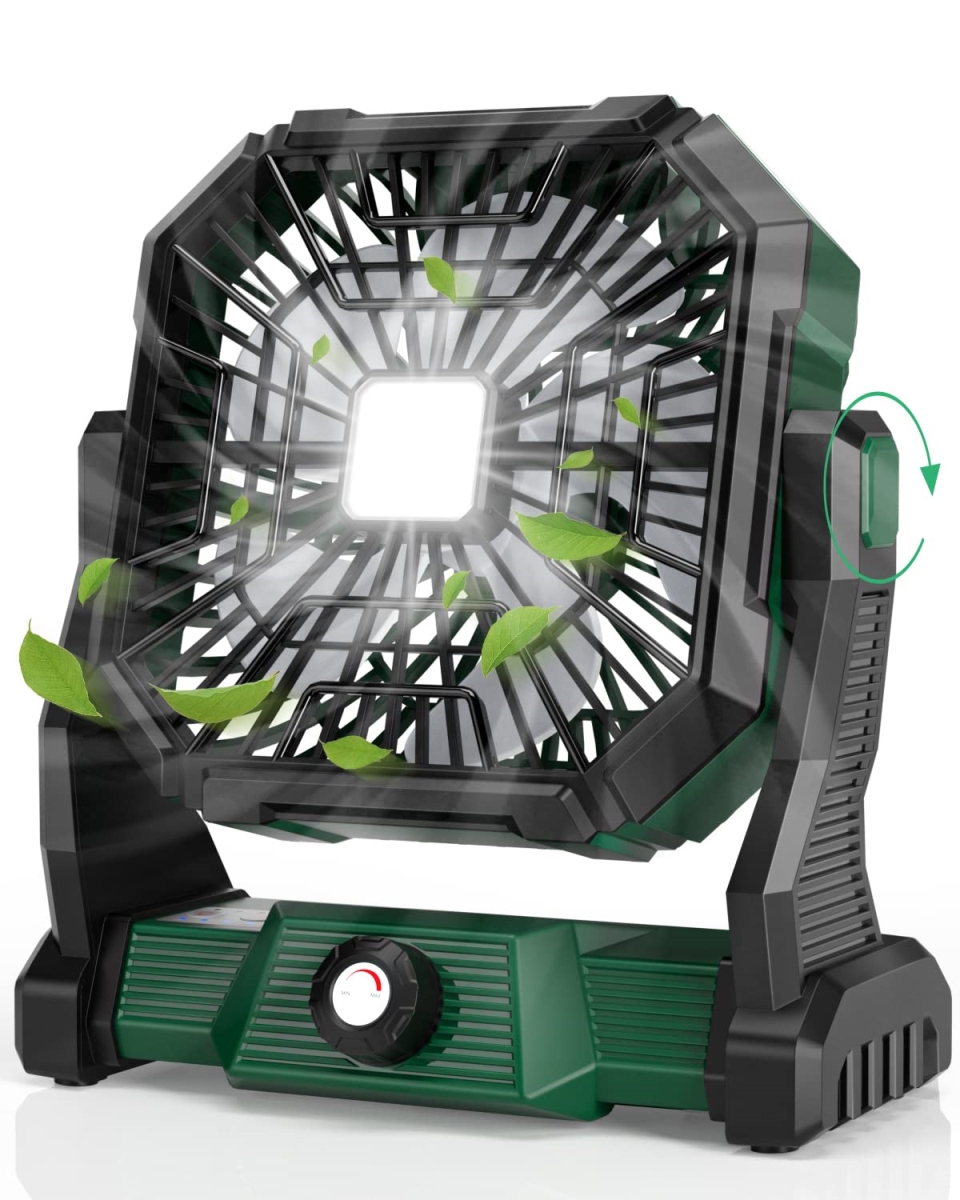 tek NT80020 20000mAh Battery Powered Rechargeable Camping Fan with LED Lantern, 270 deg Head Rotation & Hanging Hook for Travel, Green