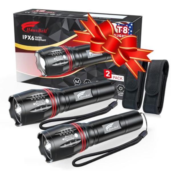 tek NT80107 HAUSBELL T8 Upgraded Bright, Zoomable Tactical LED Flashlights with High Lumens, Five Modes & Camping Accessories, Pack of 2
