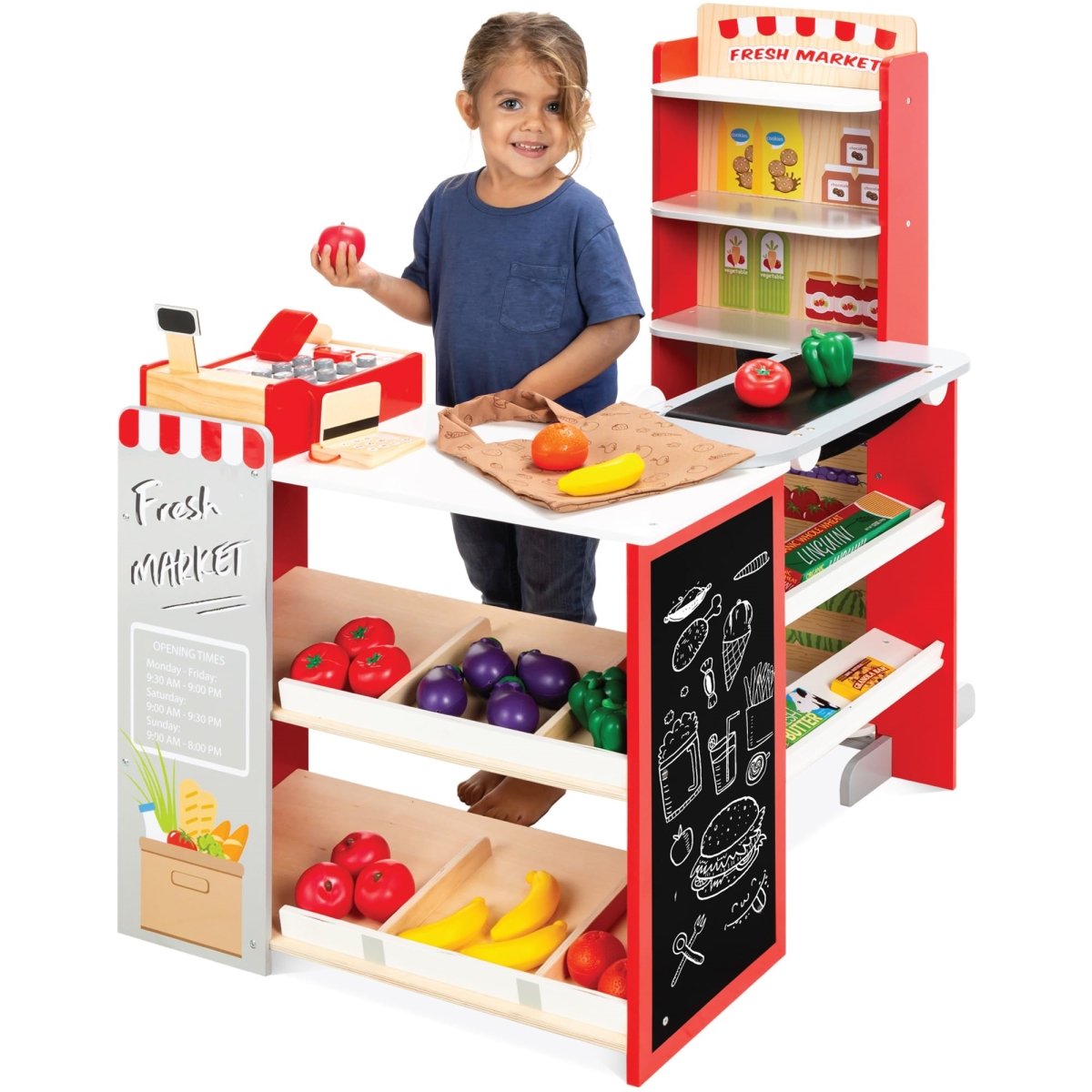 Picture of tek NT81448 Best Choice Products Pretend Play Grocery Store Wooden Supermarket Toy Set for Kids with Play Food&#44; Chalkboard&#44; Cash Register&#44; Working Conveyor - Red