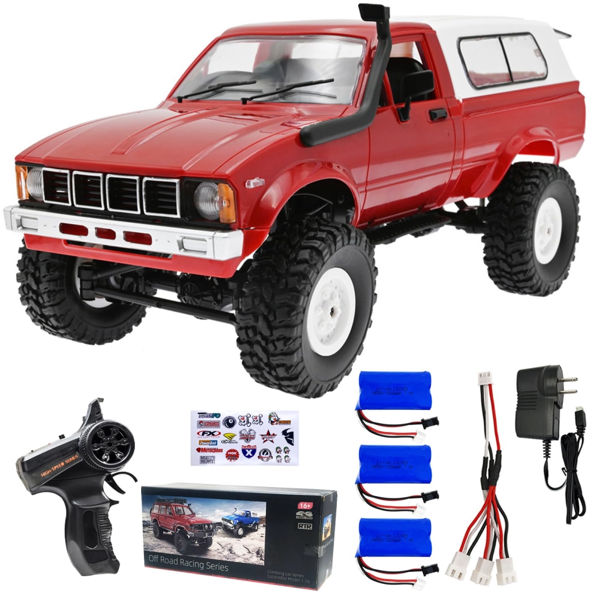 tek NT81555 UNO1RC Wpl C24 RC Crawler RC Truck 1-16 4x4 2.4GHz 4WD Remote Control Mud Truck RTR with 3 Upgraded 1200mah Battery - Red