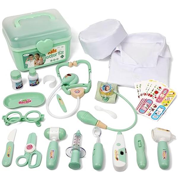 Picture of tek NT81654 Liberty Doctor Kit Kids Doctor Toy with Stethoscope&#44; Costume&#44; Medical Pretend Play Gift for 3-5 Years Old&#44; Toddlers&#44; Girls & Boys&#44; Green - 30 Piece