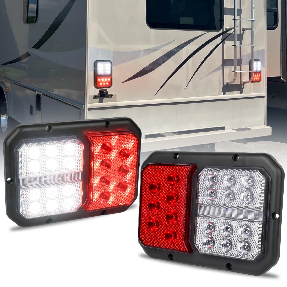 tek NT81899 Double LED Surface Mount RV Trailer Camper Tail Lights with Brake Turn Running & Reverse Light - Red & White