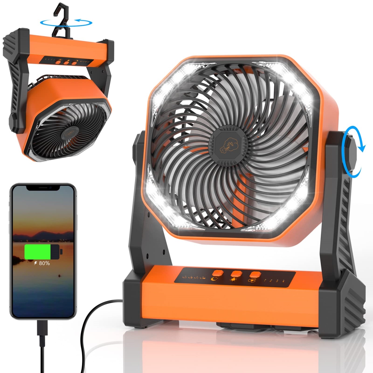 tek NT82374 Camping Fan with LED Lantern - 20000mAh Rechargeable Battery Operated with 270 deg Rotation, 4 Speeds & USB Charging