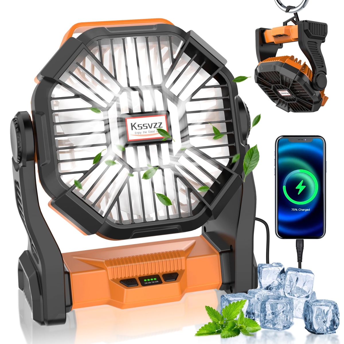 tek NT82378 Portable 20000mAh Cordless Battery Powered Rechargeable Camping Fan with LED Lantern, 4 Speed for Home & Office - Orange