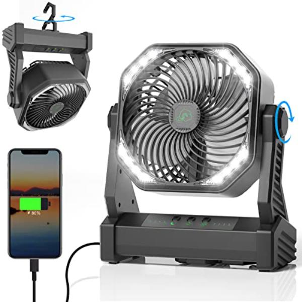 tek NT82580 20000mAh Rechargeable Battery Operated Camping Fan with LED Light Hook, 270 deg Pivot & 4 Speeds