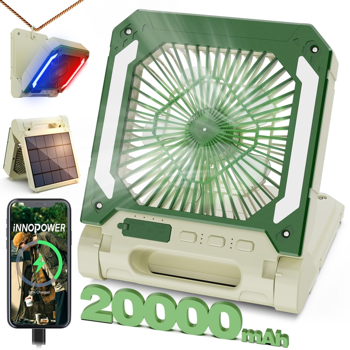 Picture of tek NT82596 20000mAh Rechargeable Cordless Battery Powered Portable Solar Camping Fan with LED Lantern&#44; 3 Adjustable Speeds&#44; Timer & Hanging Hook for Tent&#44; Beige
