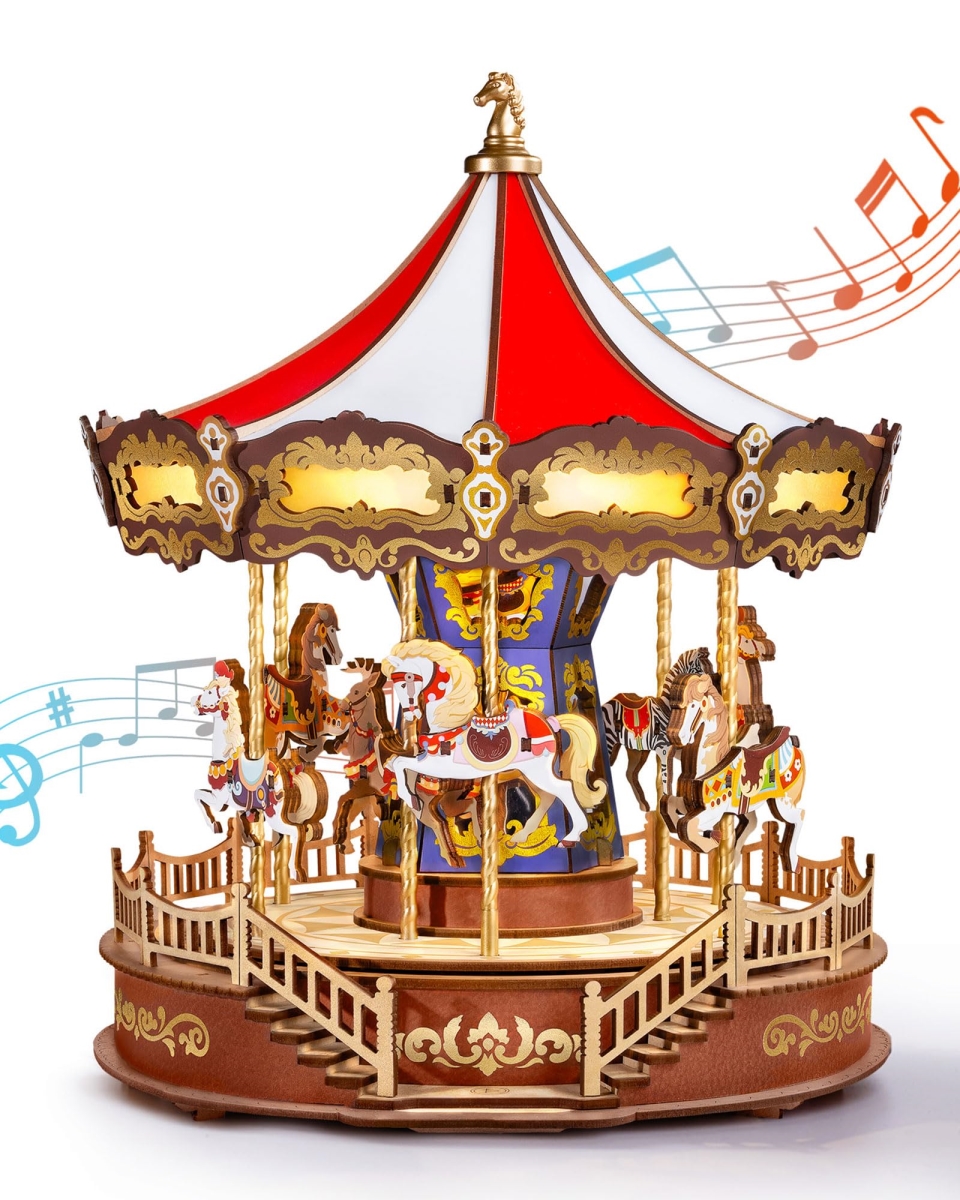 Picture of tek NT82736 Rolife 11.6 in. Wooden 3D Puzzle DIY Carousel Music Box with Chaser Lights&#44; Model Building Kit for Adults&#44; Home Decor&#44; Christmas Gift for Boys & Girls