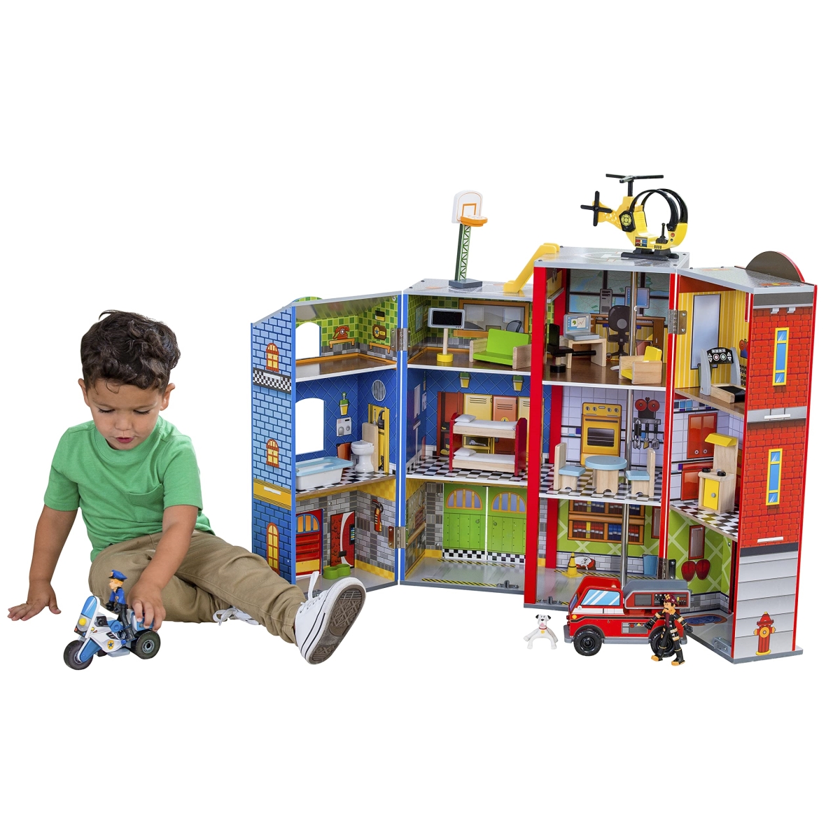 Picture of tek NT82833 KidKraft Everyday Heroes Wooden Playset&#44; Foldable for Storage&#44; 3-Story with Accessories - 26 Piece
