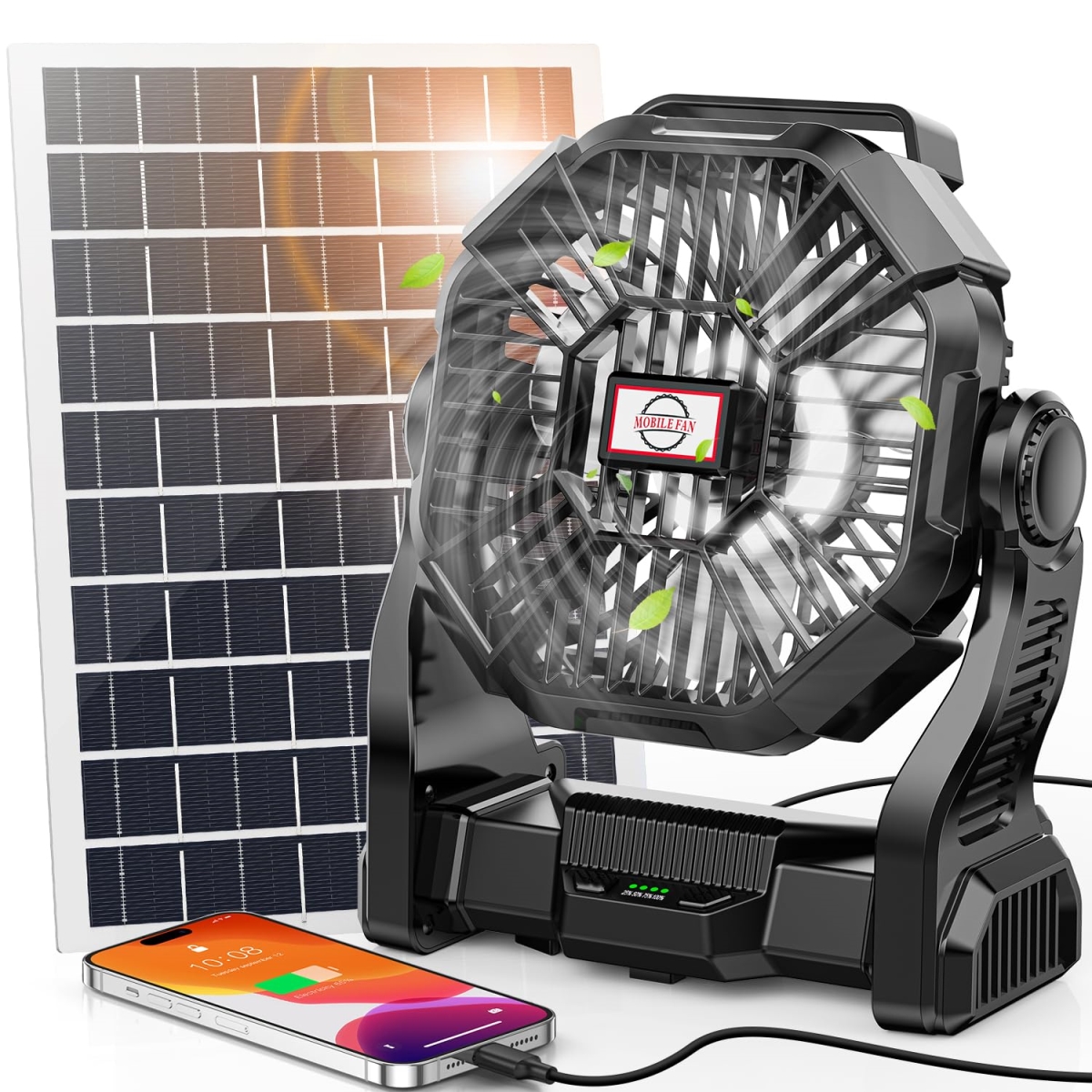 Picture of tek NT83015 9 in. 10400mAh 10W Solar Panel Rechargeable & Portable Battery Powered Camping Fan with LED Lantern for Outside