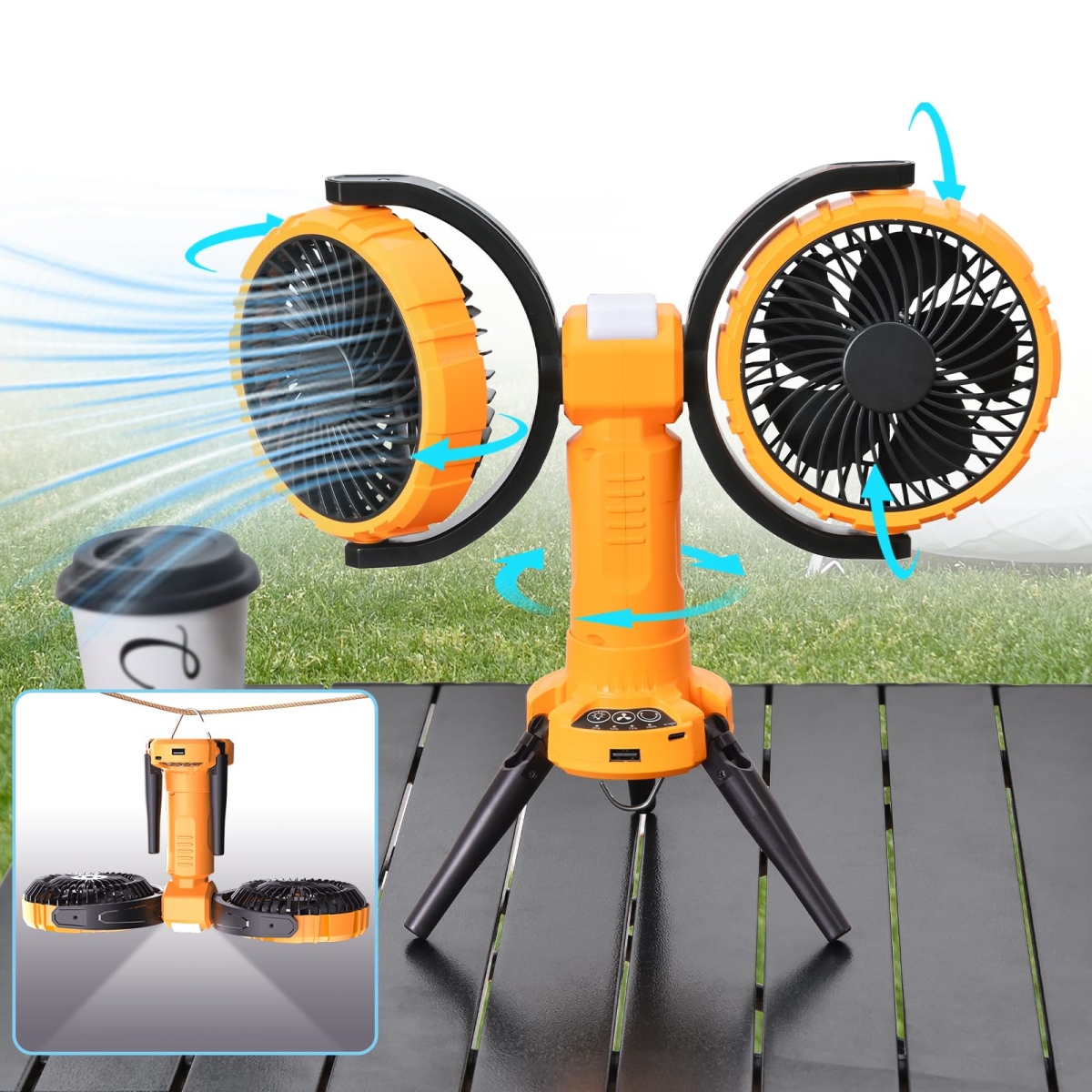 Picture of tek NT83019 Outdoor Oscillating Rechargeable Multifunctional Battery Powered Camping Fan with Light & Hanging Hook - Yellow