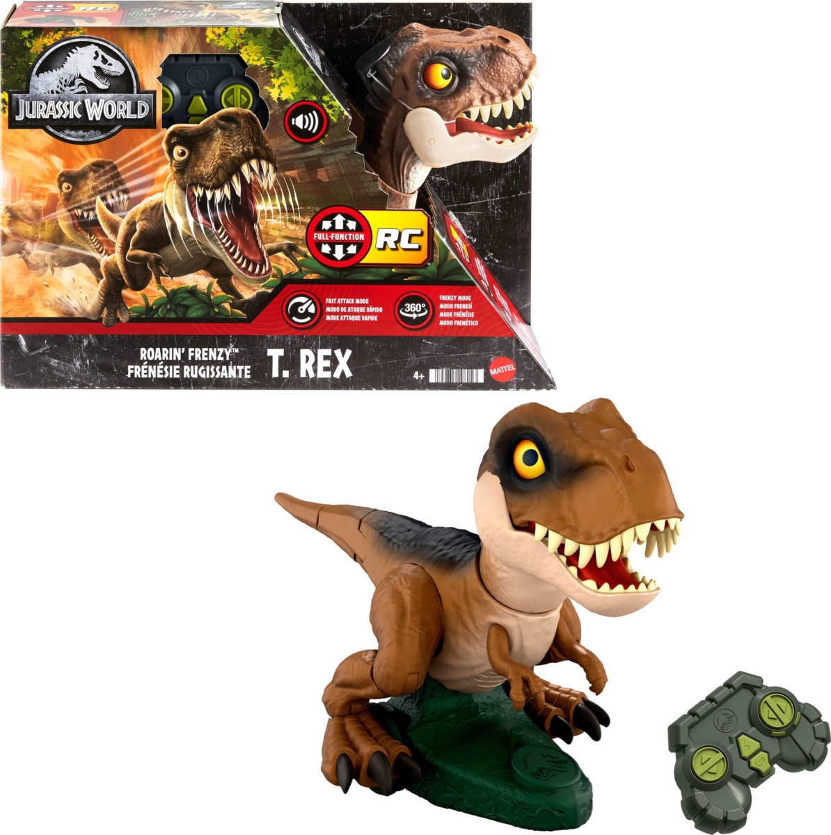 Mattel Jurassic World RC Dinosaur Toy, Roarin Frenzy T Rex Dino with Sound & 2 Modes, Full-Function Remote Control, Attack or Spin
