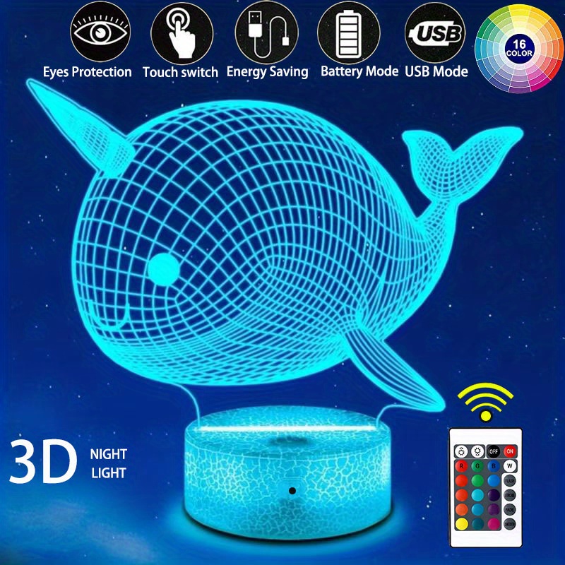 NT30909 LED Narwhal 3D Light Unicorn Whale 3D Illusion Night Light for Kids, 16 Colors