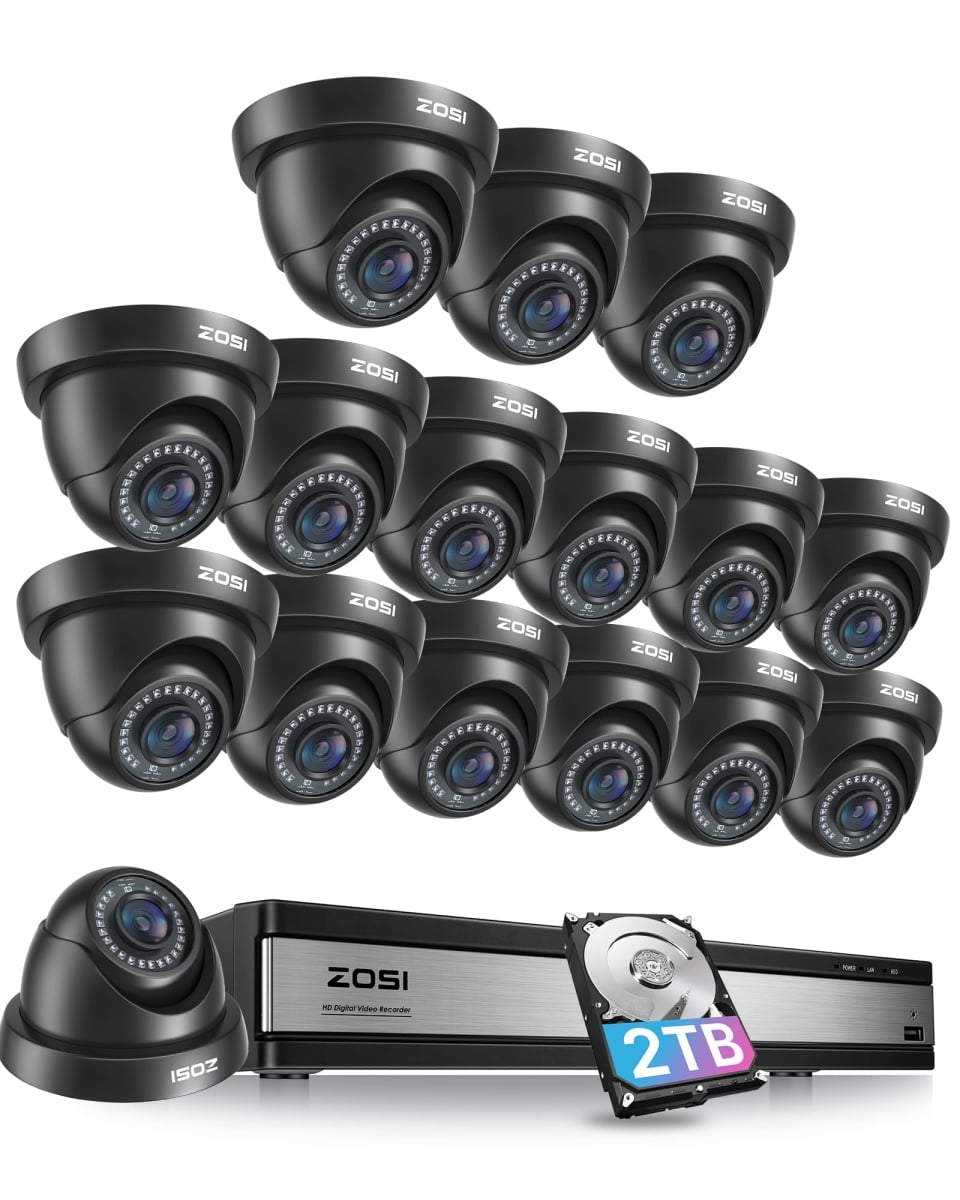 NT83727 ZOSI 16 Channel Security Camera System 1080P, 2MP H.265 Plus Hybrid DVR with AI Human Vehicle Detect, 16 Dome Camera