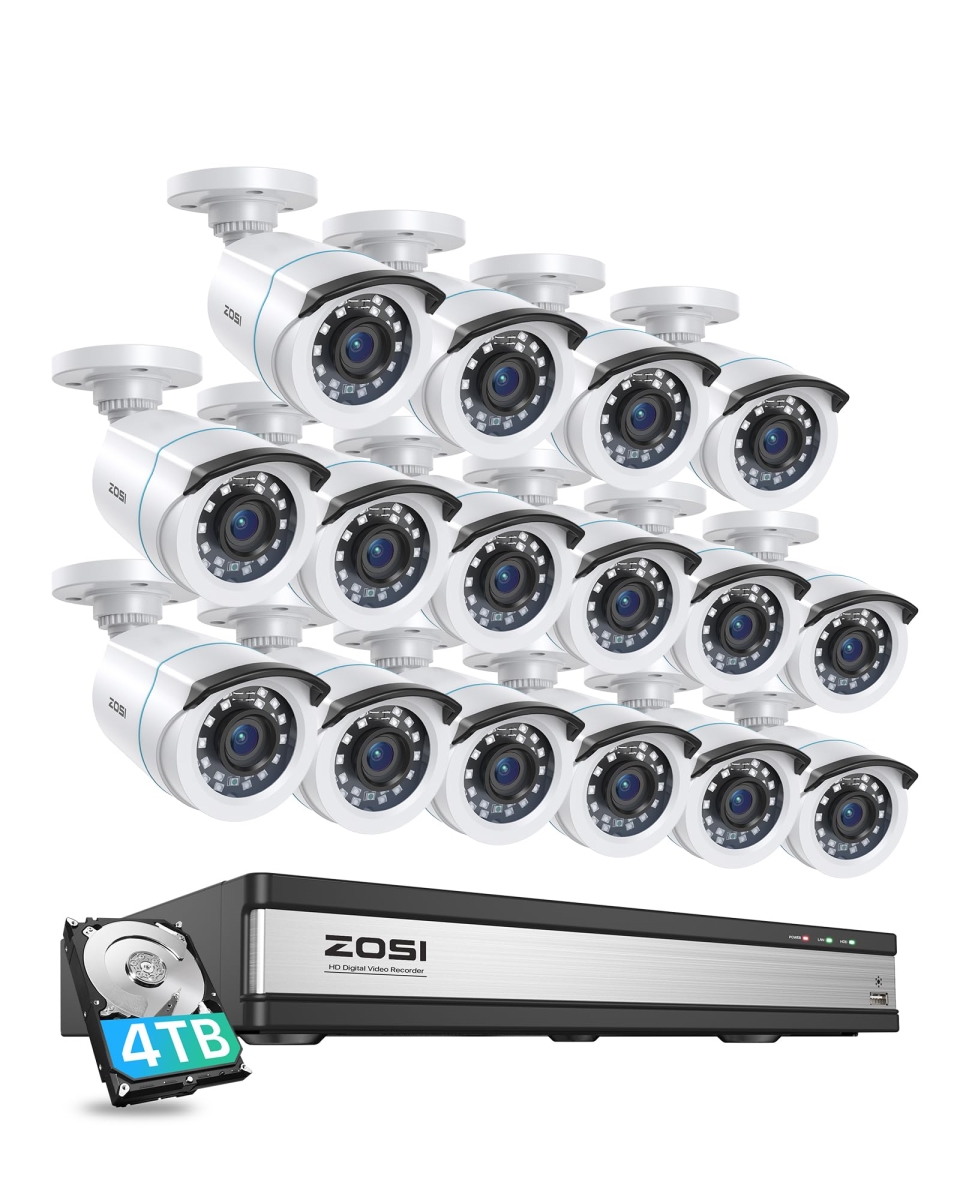 NT83738 ZOSI H.265 Plus 16 Channel Security Camera System with AI Detection, 16 Channel DVR, 4TB HDD, 16 x 1080P Camera, Night Vision