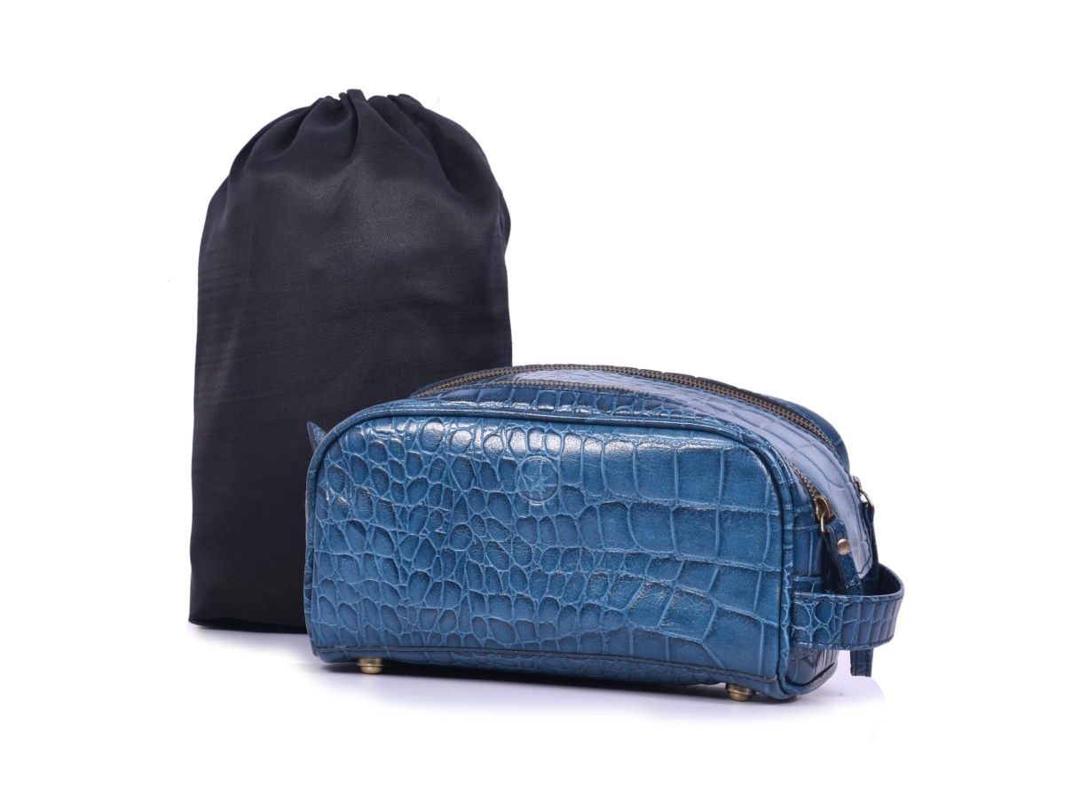 NT83744 10 in. Premium Leather Toiletry Travel Pouch with Waterproof Lining & King Size Handcrafted Vintage Dopp Kit - Egyptian Blue