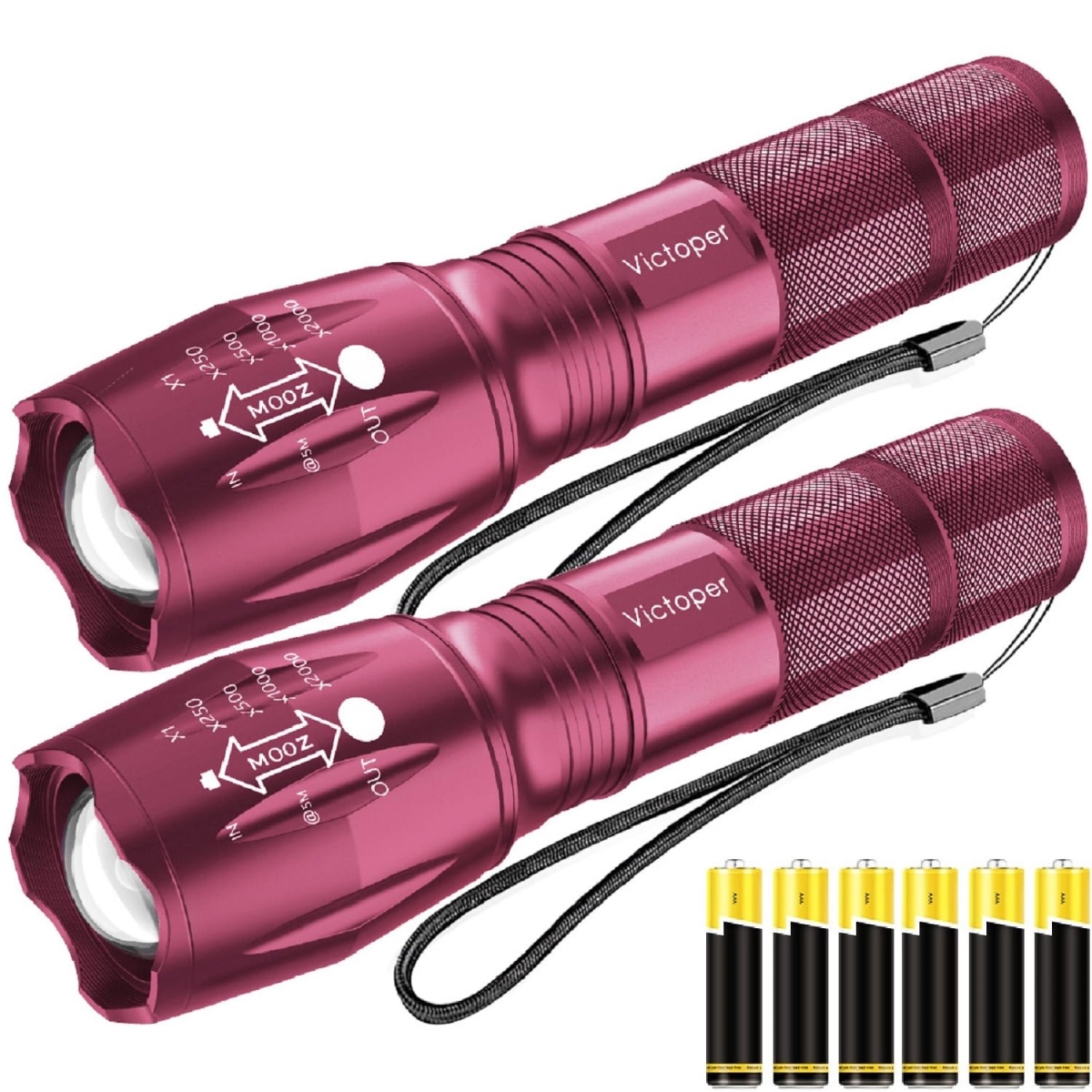 NT83786 Victoper LED Bright High Lumens Tactical Flashlights with 5 Modes & Waterproof Zoomable, Pink - Pack of 2