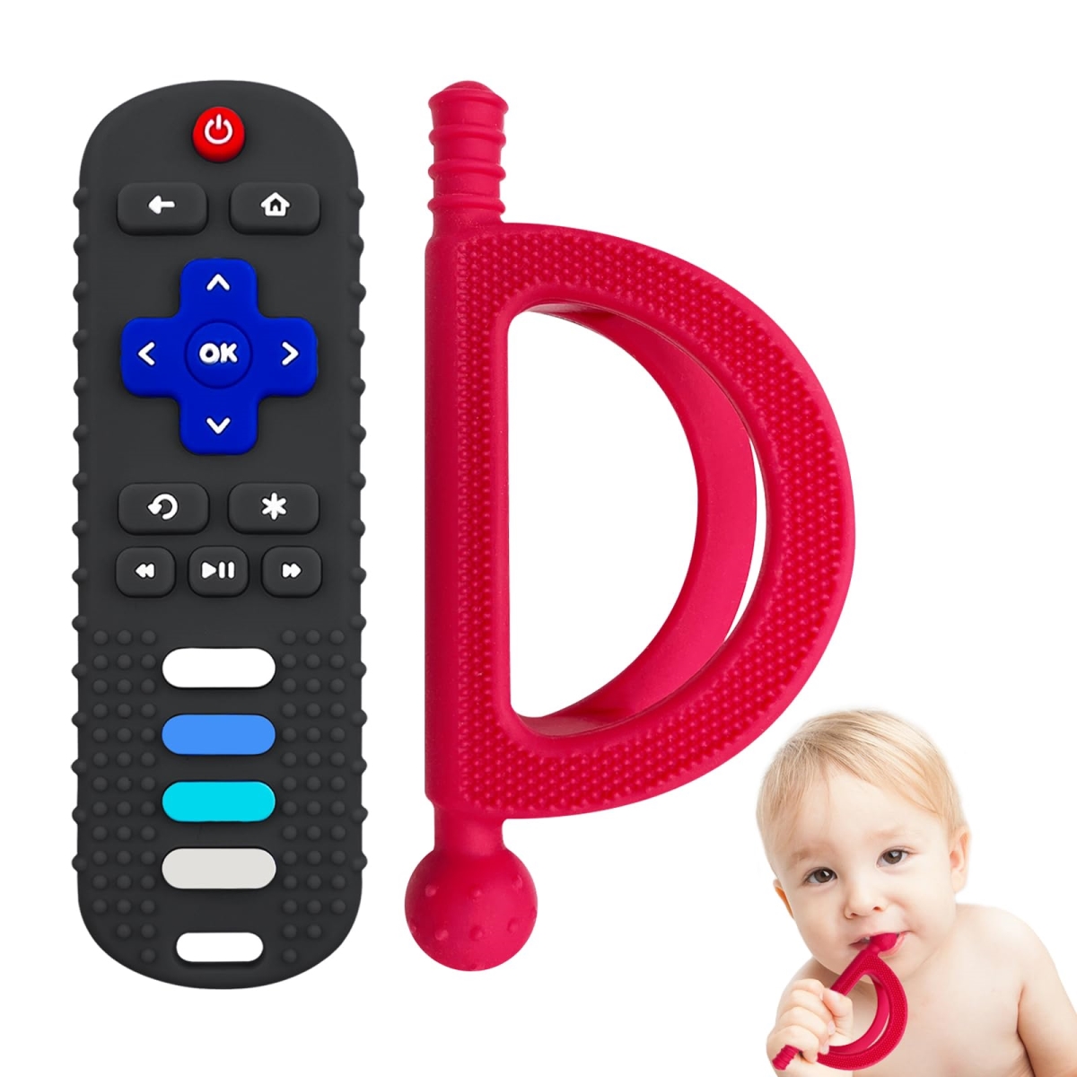 NT83980 Baby Teething Toys, Silicone Teethers for 18 Plus Months, TV Remote & Grip Shape, BPA Free