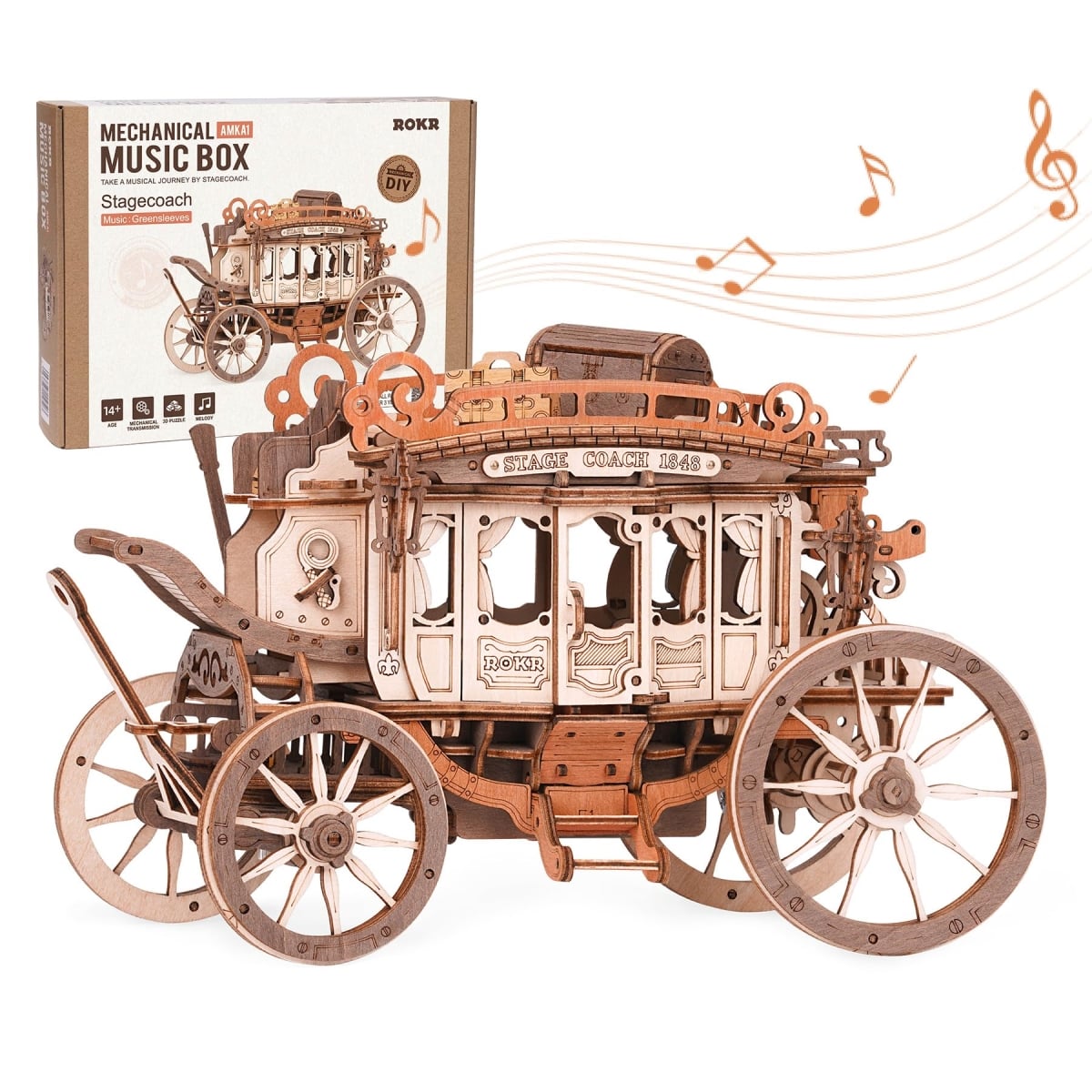 NT83997 ROKR 3D Wooden Puzzle Stagecoach Music Box Kit for Adults