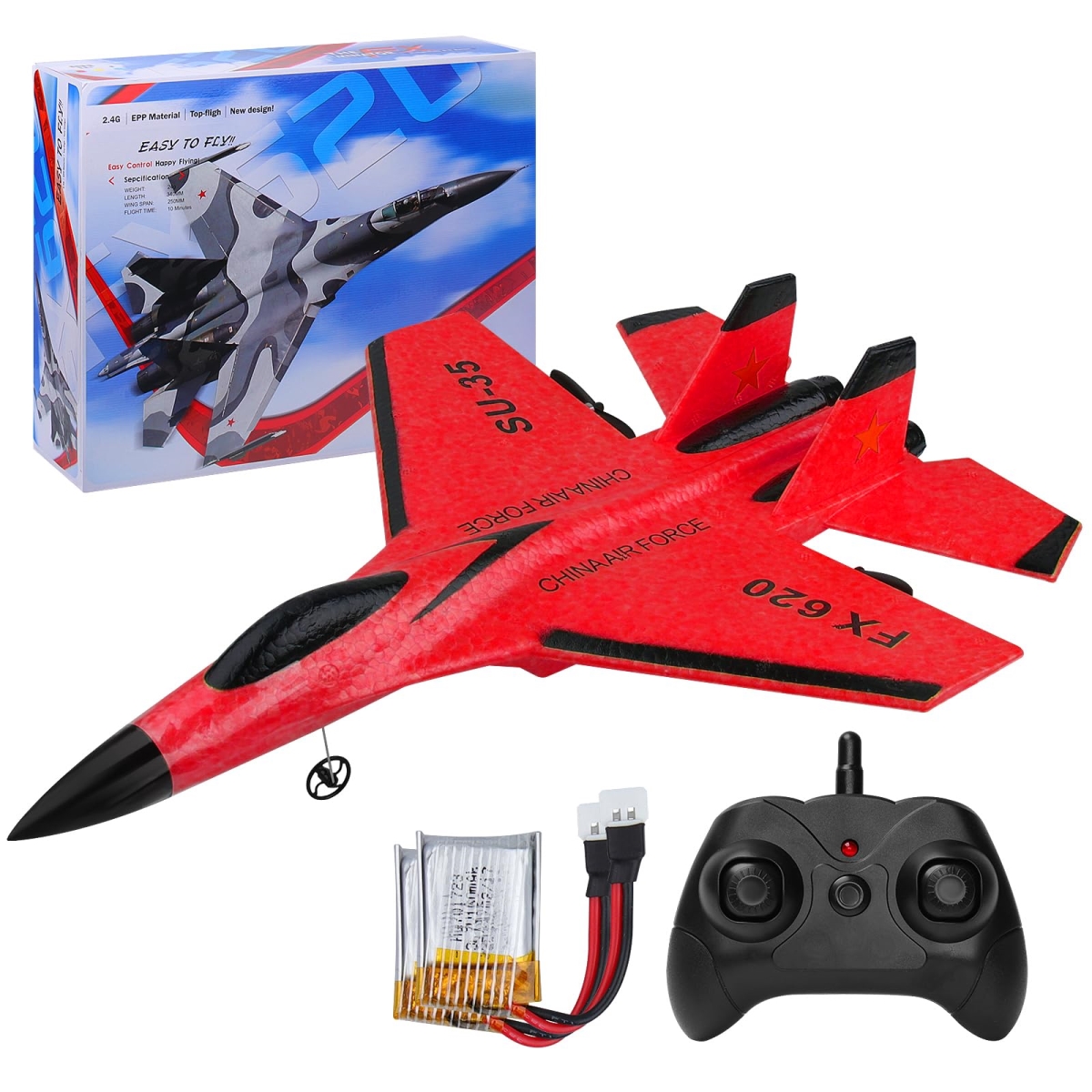 NT84467 Remote Control Airplane 2 Channel 2.4 Ghz Remote Control RTF SU35 FX620 with Night Lights, Red