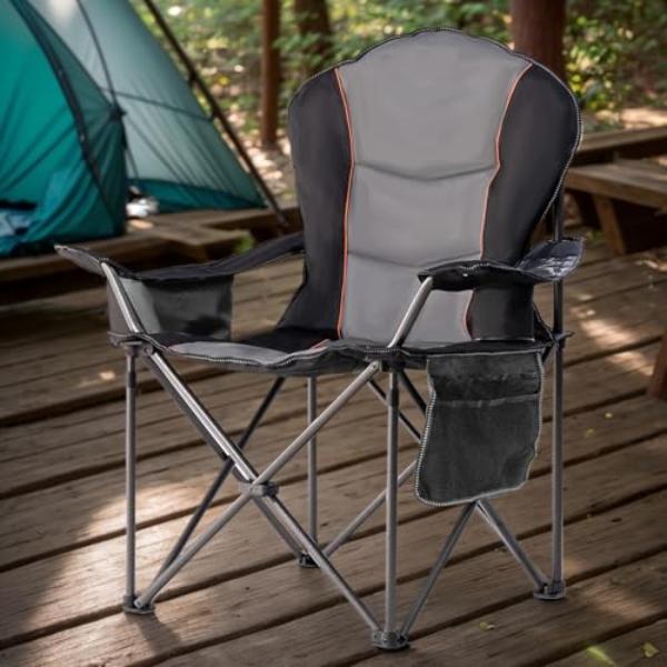 NT84494 Oversized Folding Camping Chair with Cooler Bag, Cup Holder & Waterproof Phone Case, 500 lbs - Black & Light Gray