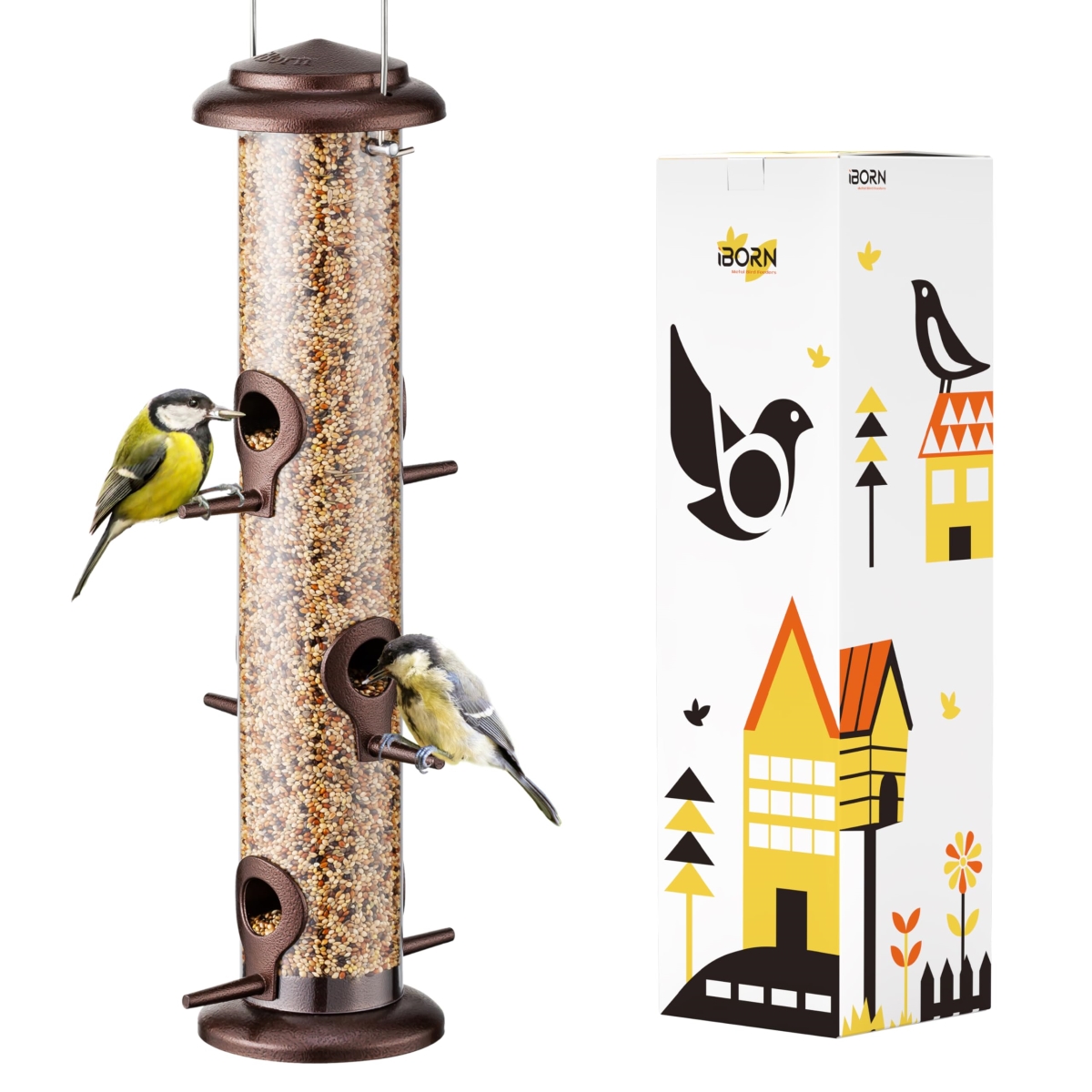 NT84737 iBorn Metal Bird Feeder, 14 in., 6 Port, Heavy Duty, Coffee Finish