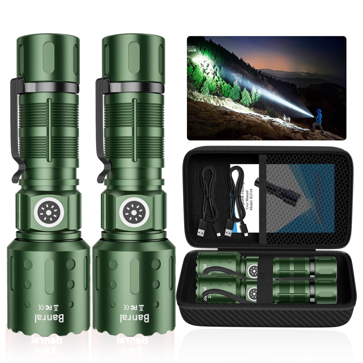 NT84791 Flashlights High Lumens Rechargeable, Super Bright Long Range Small Powerful Flashlight, 6 Modes LED Tactical - Green