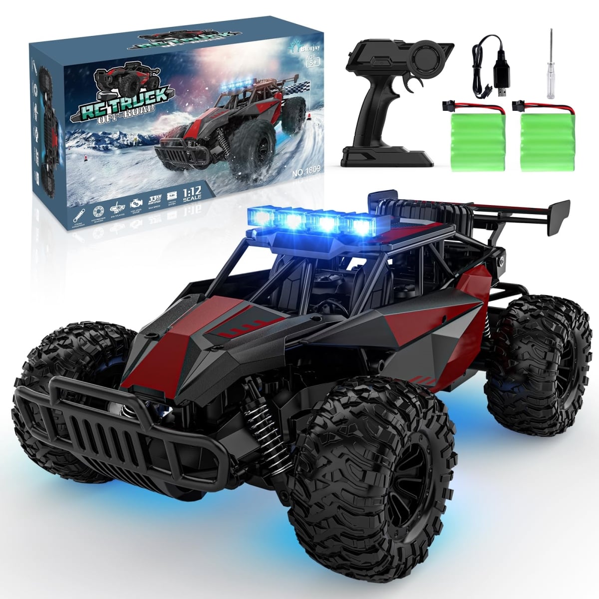 NT85290 33 KMH BLUEJAY Remote Control Car, 2.4 Ghz High Speed, 1-12 Scale Monster Remote Control Truck Off Road with LED Headlight