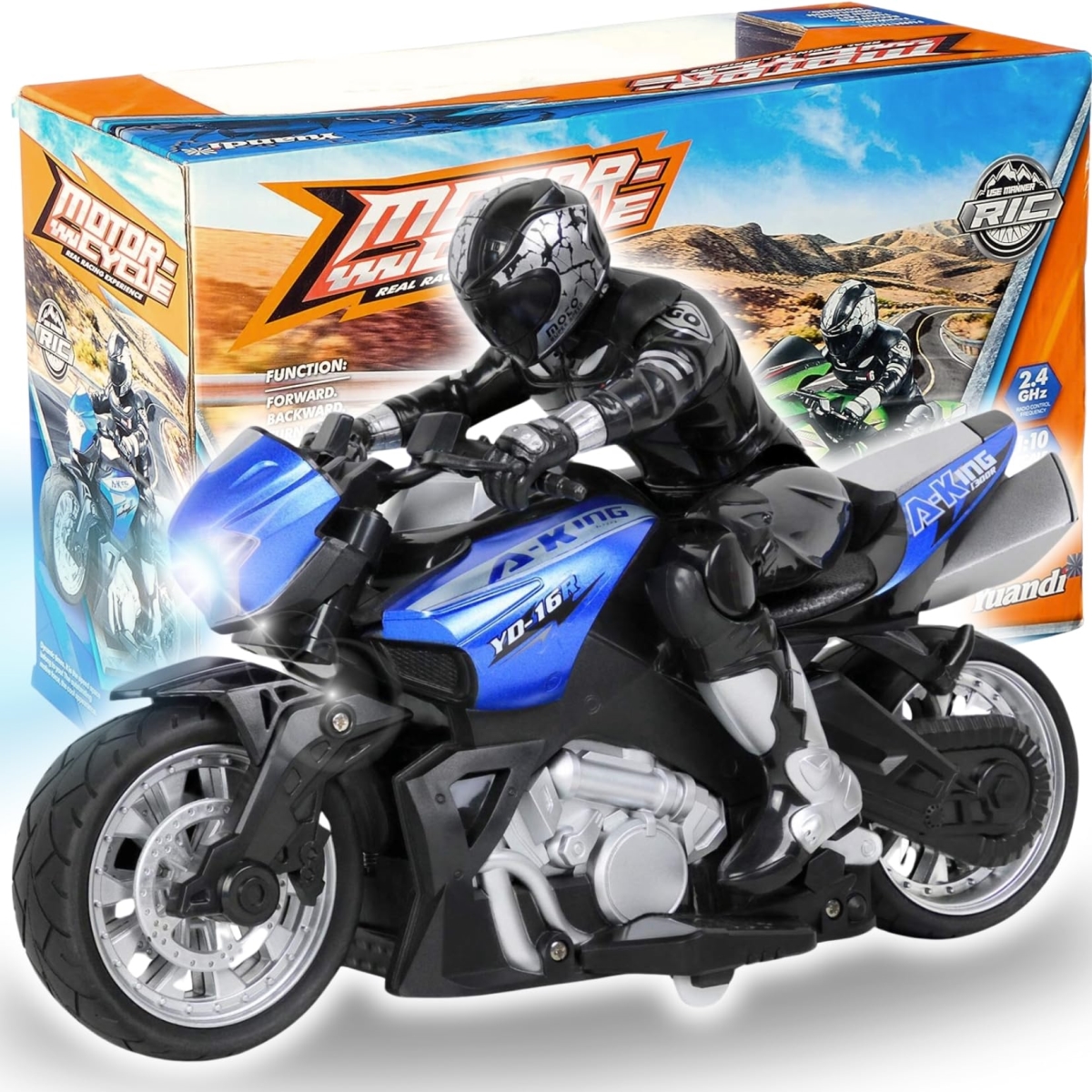 NT85295 Liberty 2.4G Remote Control Stunt Motorcycle with Riding Figure, 1-10 Scale High Speed Cross Country Racing Motorbike - Blue